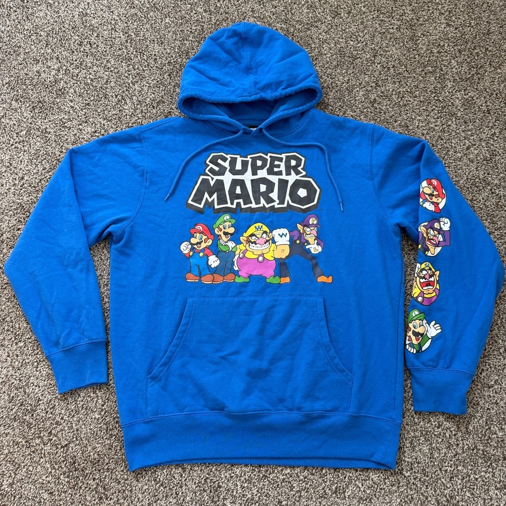 Super Mario Bros Hoodie Sweatshirt Medium Blue Video Game Graphic Print Pullover